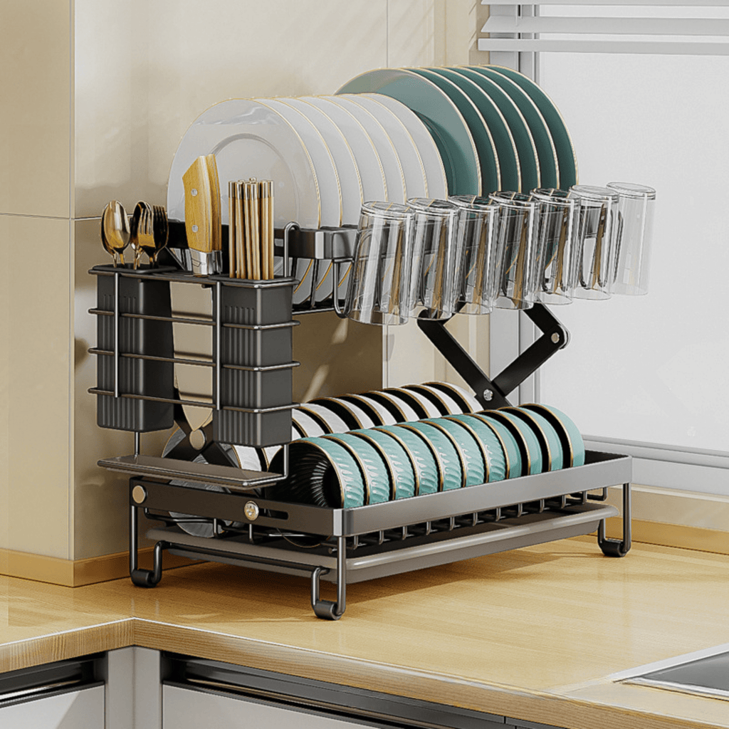 Multifunctional Foldable Carbon Steel Double-Layer Dish Drying Rack (40cm)