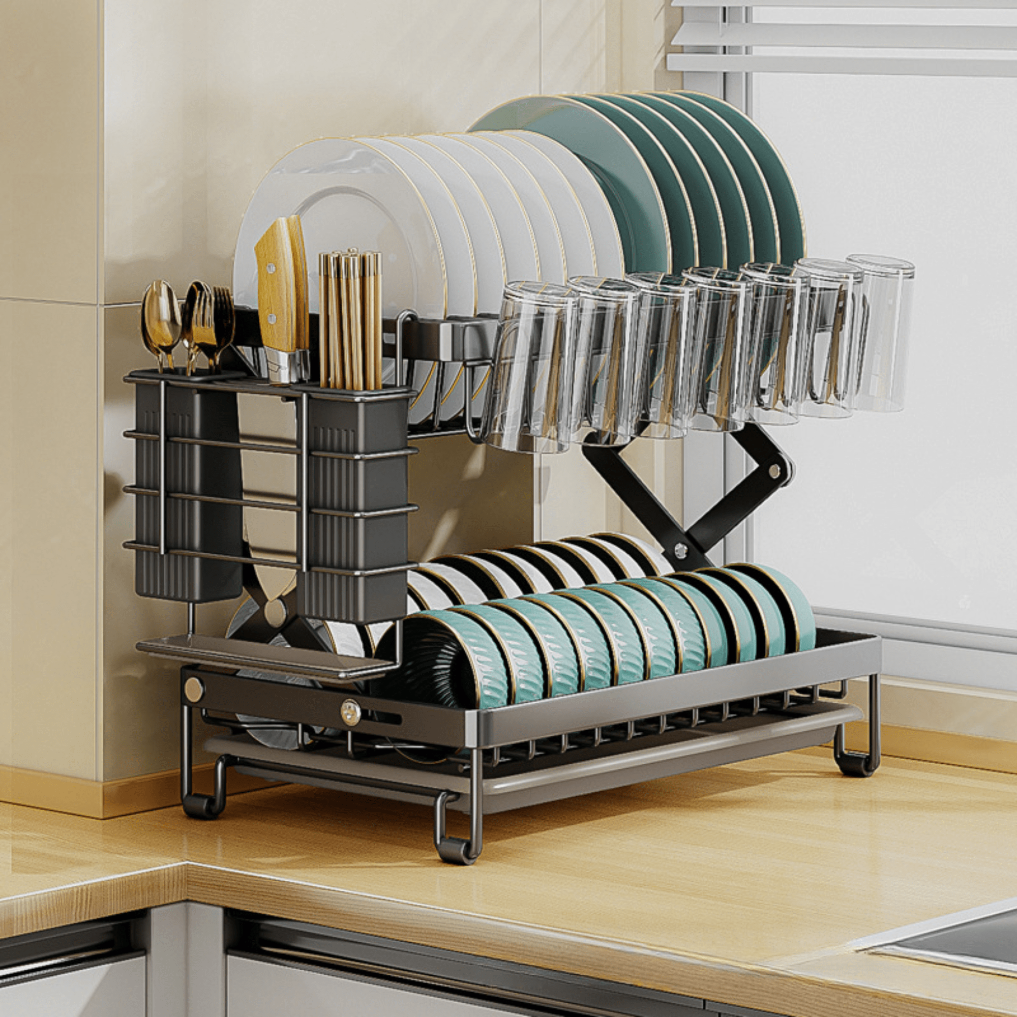 Multifunctional Foldable Carbon Steel Double-Layer Dish Drying Rack (40cm)