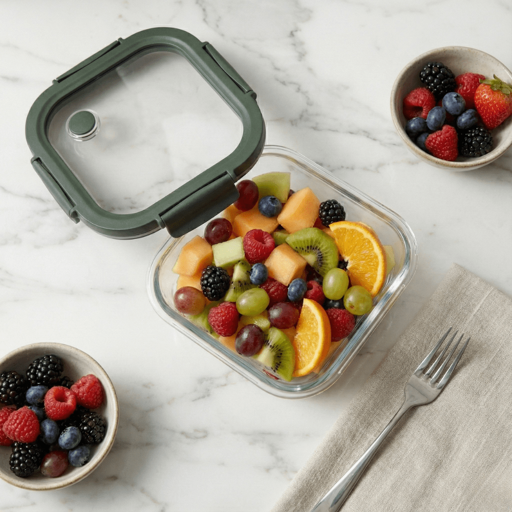Square Borosilicate Glass Container with Vented Glass Lid (800ml)