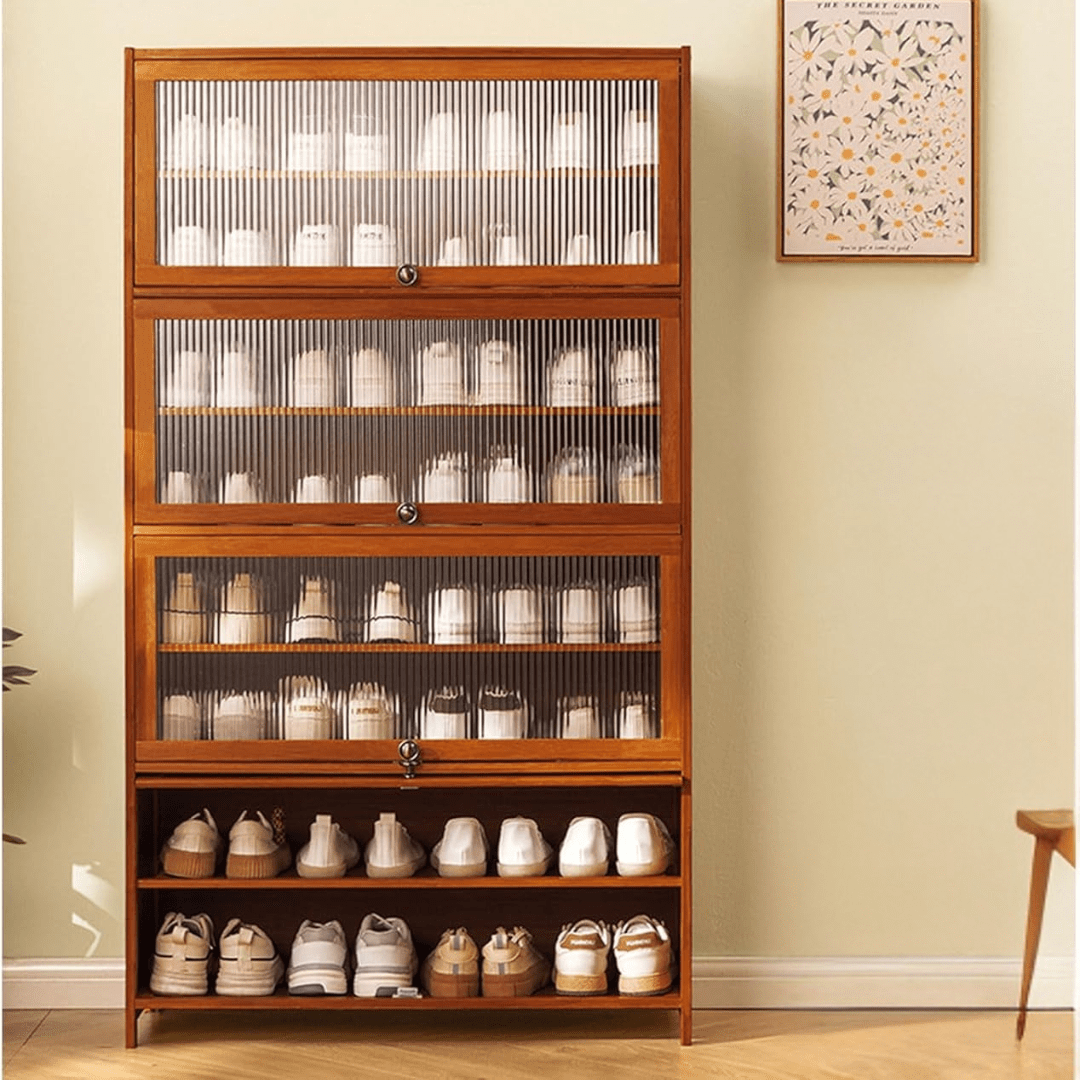 Multi-Tier Bamboo Shoe Rack with Transparent Flap Doors (80cm)
