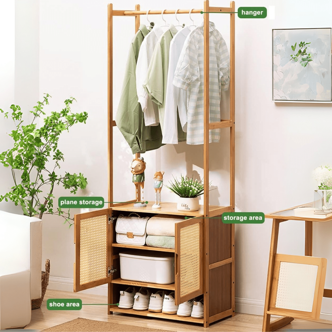 Multi-Purpose Bamboo Wood Clothing Rack Organizer with Shoe Rack (Brown-62cm)