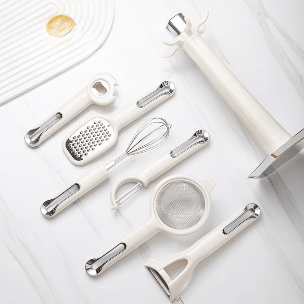 Multi-Functional 7-Piece Stainless Steel Kitchen Tools Set with Stand
