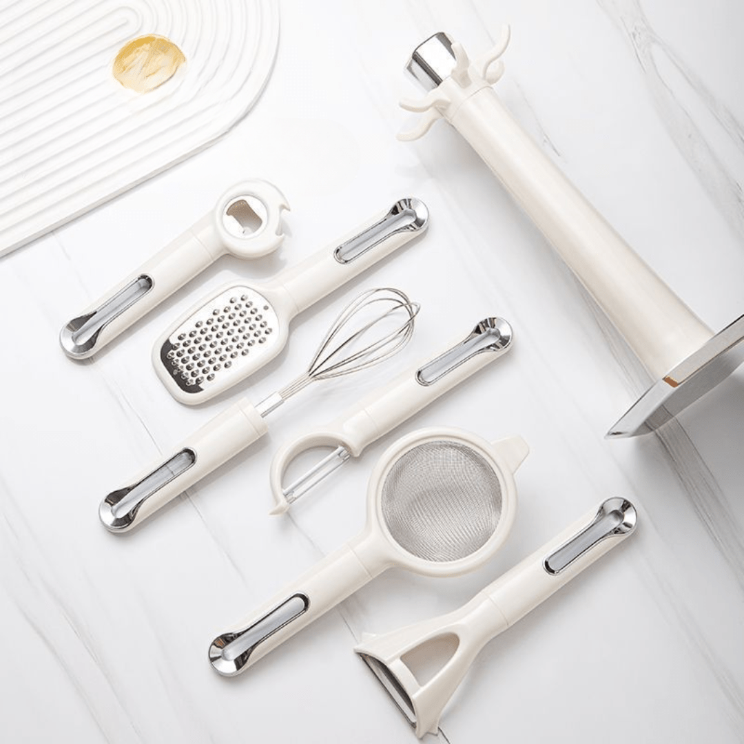 Multi-Functional 7-Piece Stainless Steel Kitchen Tools Set with Stand