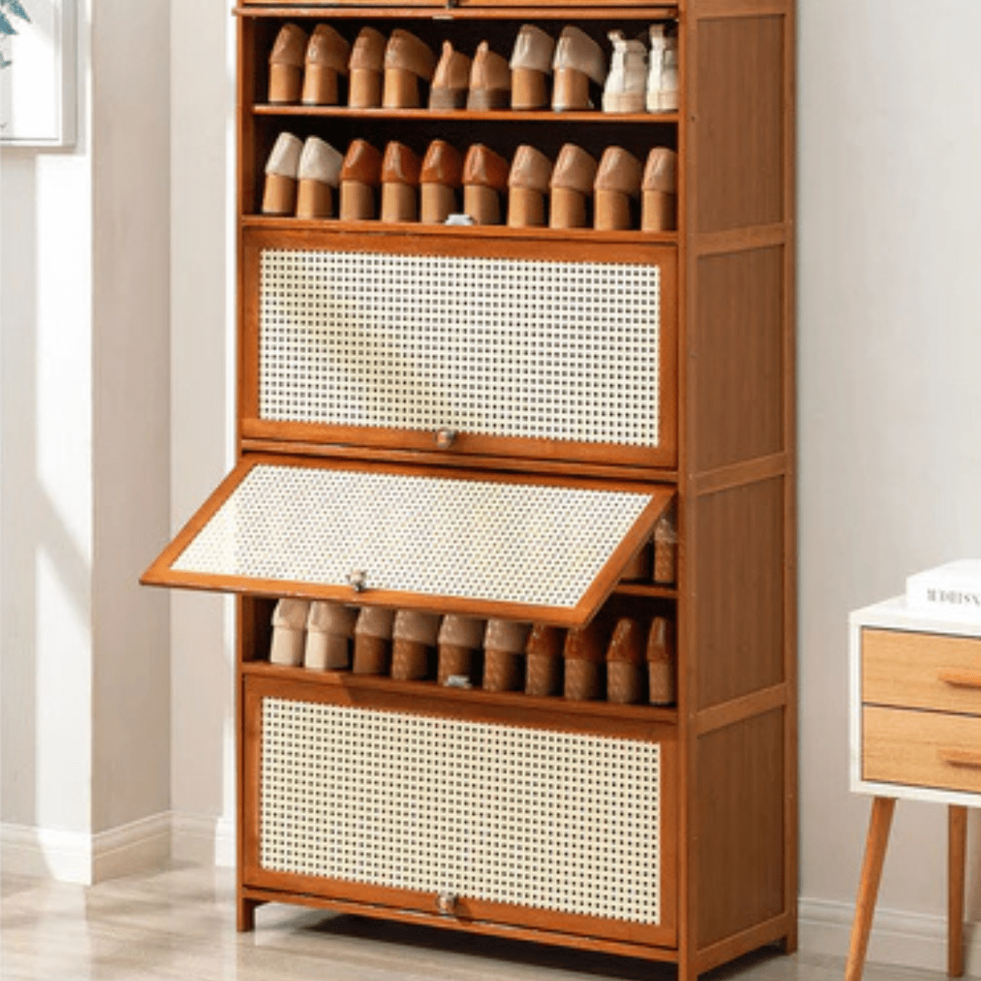 Multi-Tier Bamboo Wood Storage Shelf with Flip-Up Doors (Brown-80cm)