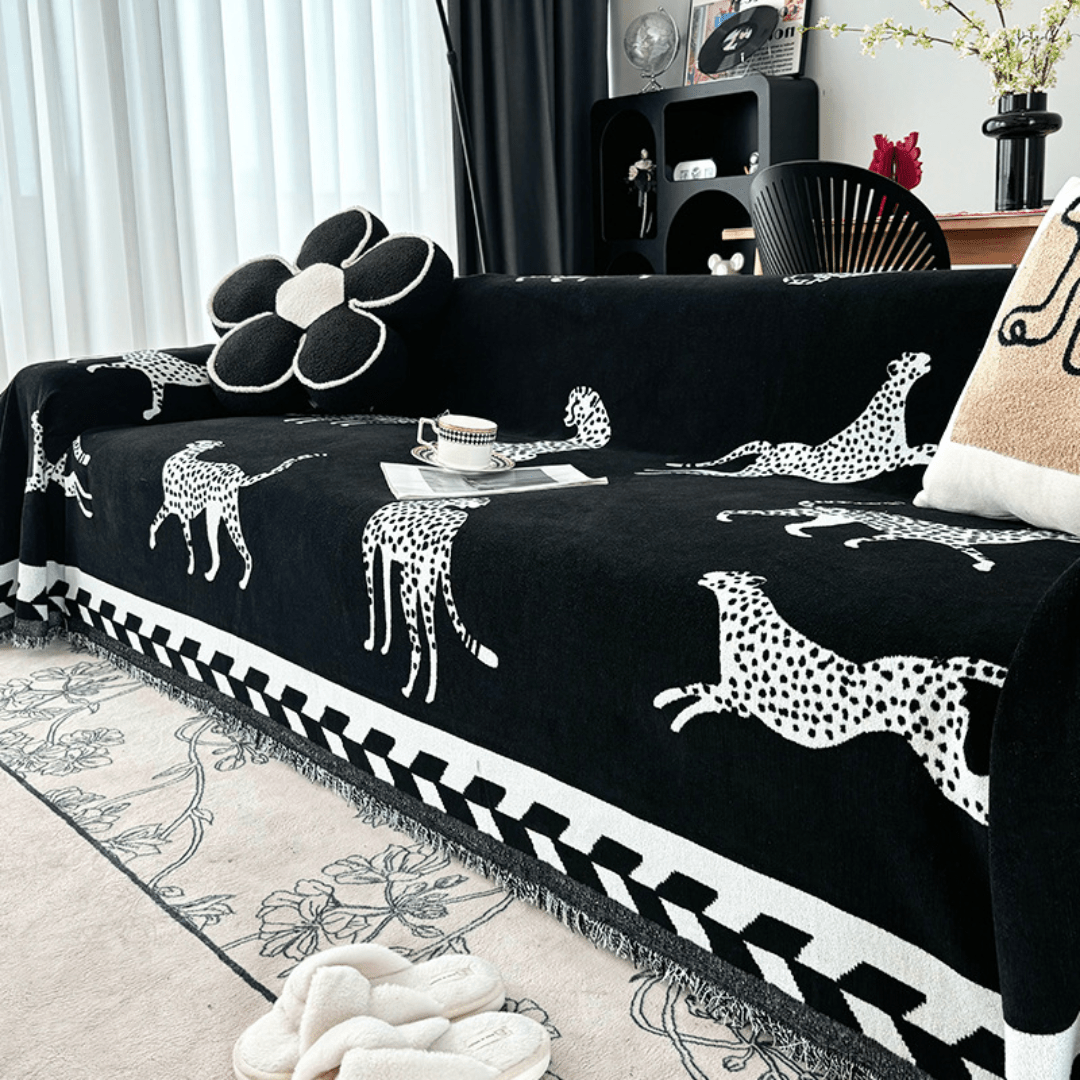 Leopard Print Black & White Elegance Chenille Sofa Cover
