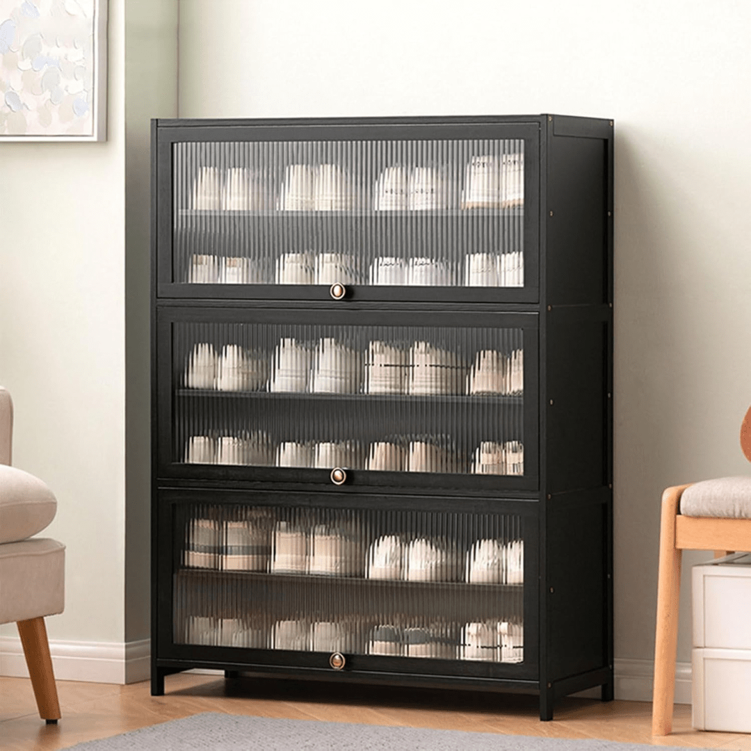 Multi-Tier Bamboo Shoe Rack with Transparent Flap Doors (Black-80cm)