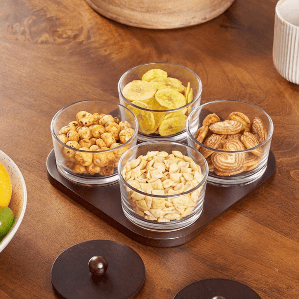 Minimalist Glass Snack Plate with Bamboo Lid (4-GRID)
