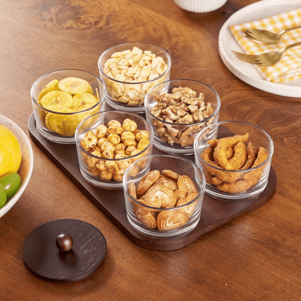 Minimalist Glass Snack Plate with Bamboo Lid (6-GRID)