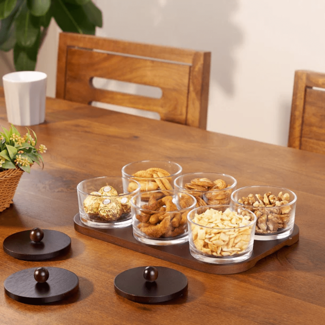 Minimalist Glass Snack Plate with Bamboo Lid (6-GRID)