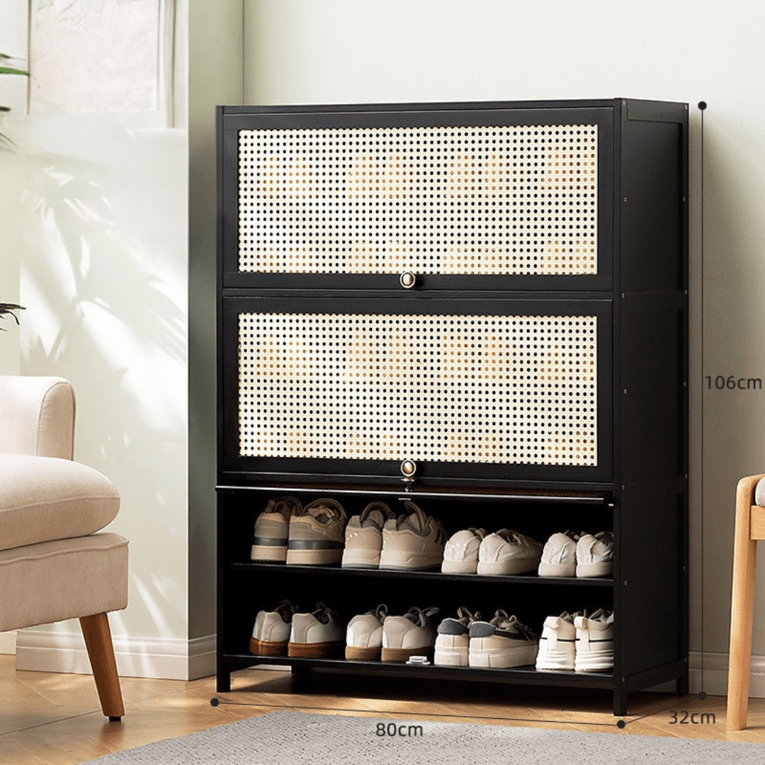 Multi-Tier Bamboo Wood Storage Shelf with Flip-Up Doors (Black-80cm)