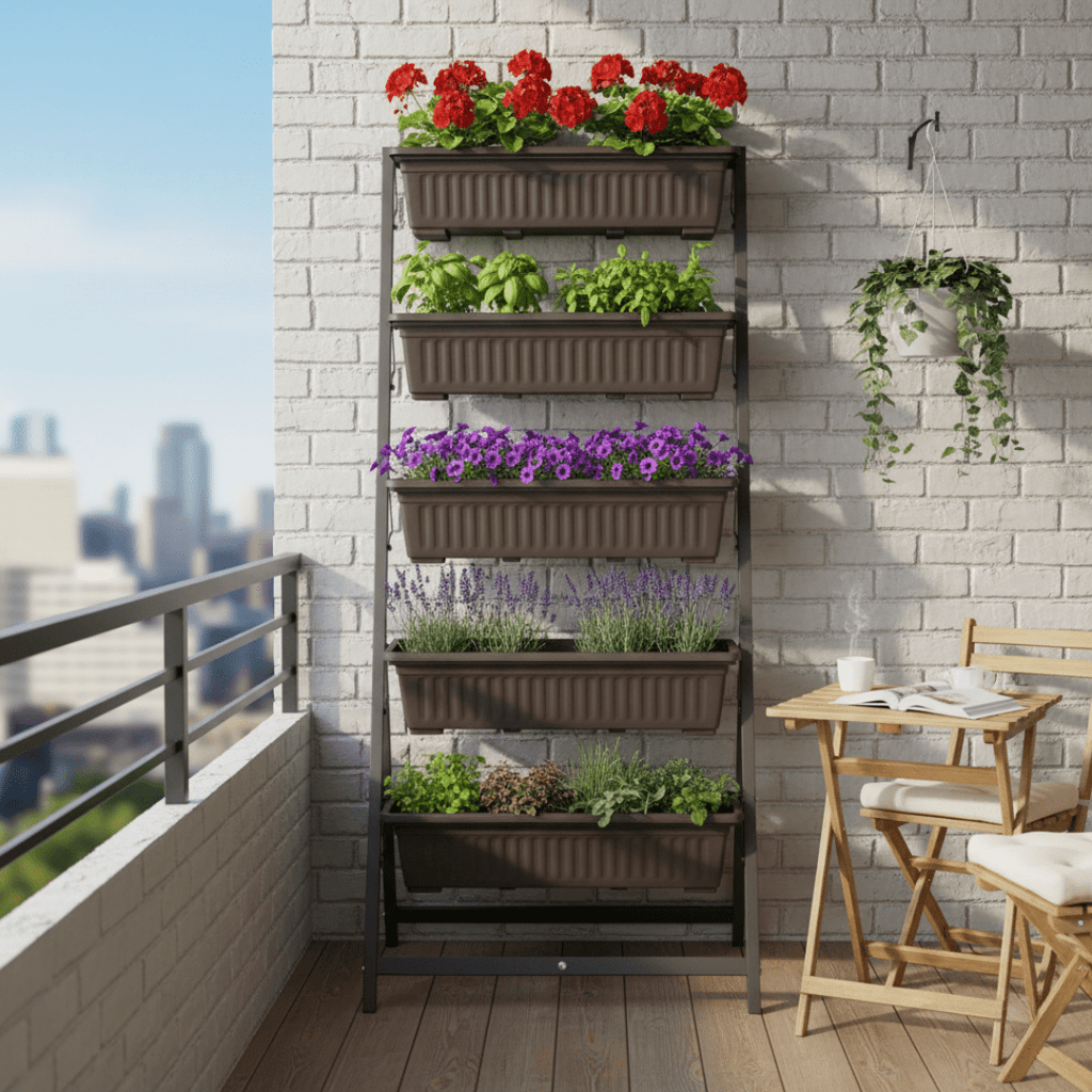 Five Layer Iron Vertical Plant Stand with Plastic Flower Pots