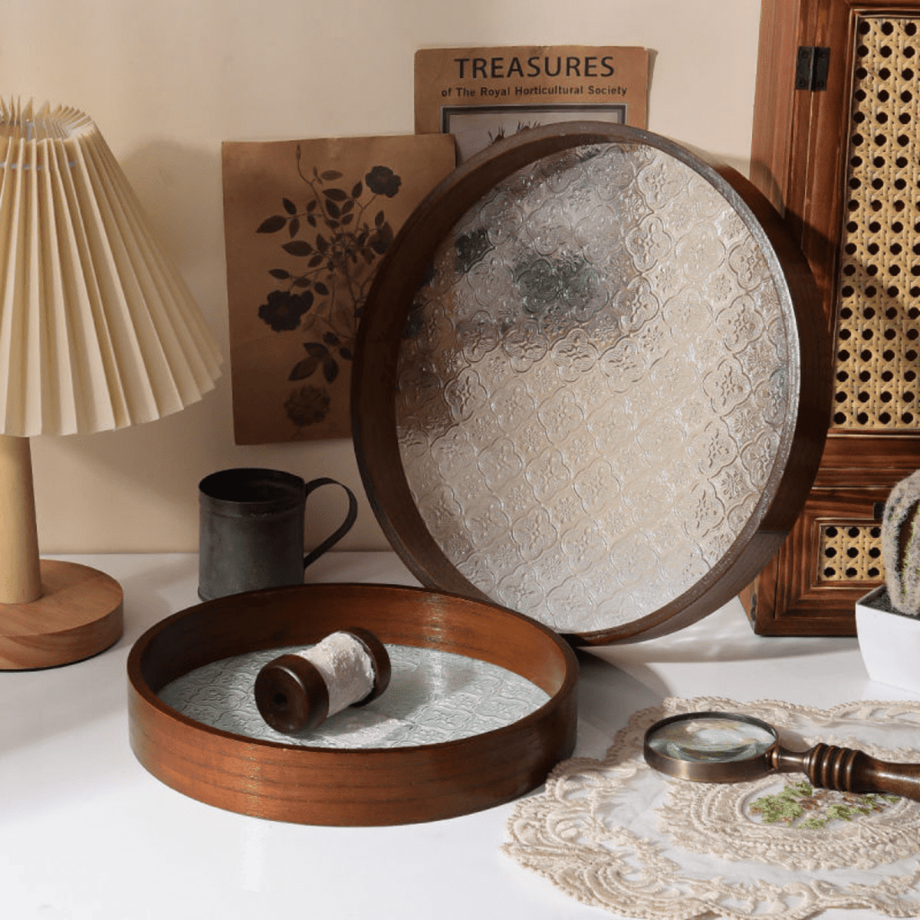 Multi-Purpose Round Wooden Glass Decorative Serving Tray