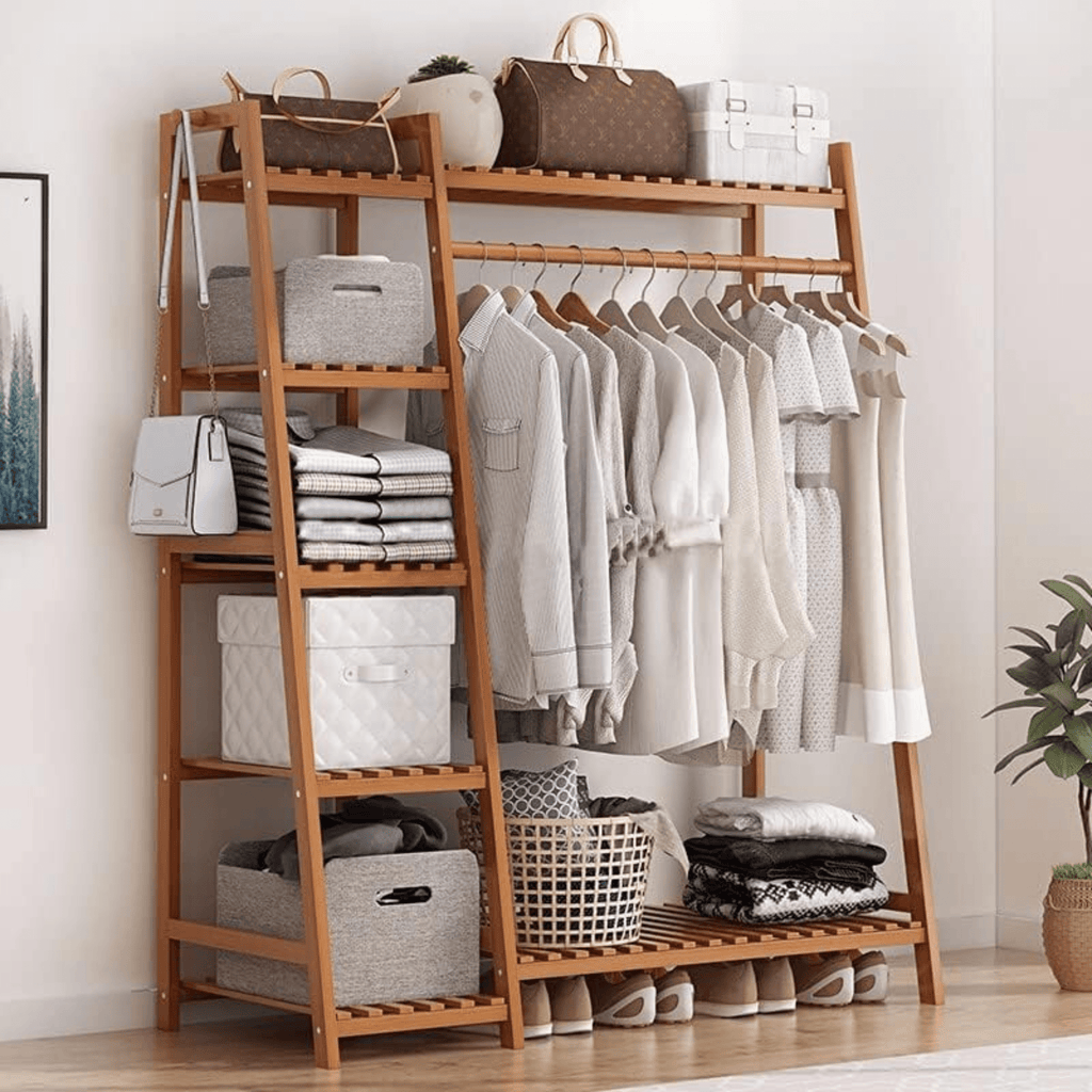 Multi-Functional Bamboo Clothing Rack with Shelves and Hanging Rod (110cm)