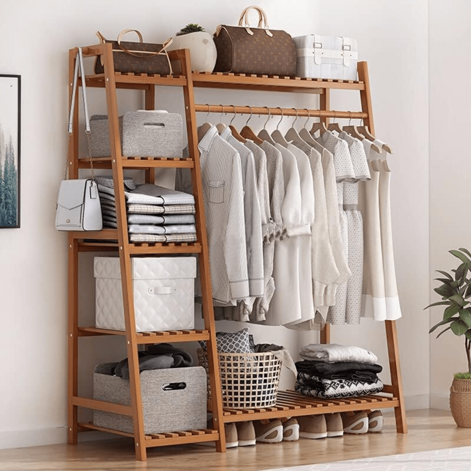 Multi-Functional Bamboo Clothing Rack with Shelves and Hanging Rod (110cm)