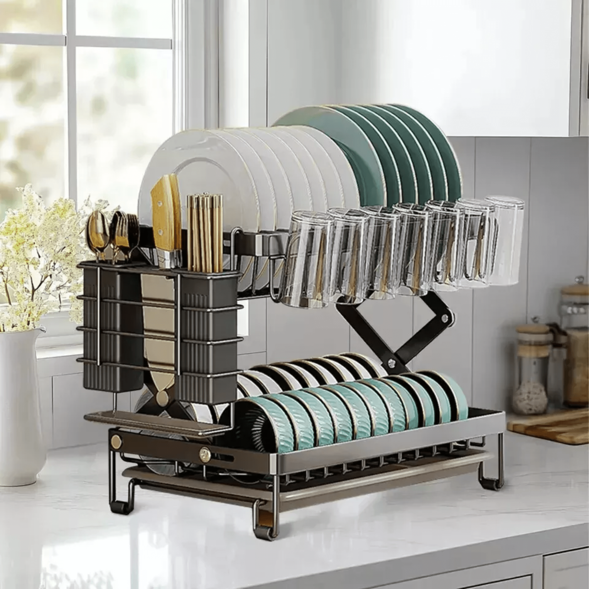 Multifunctional Foldable Carbon Steel Double-Layer Dish Drying Rack (40cm)