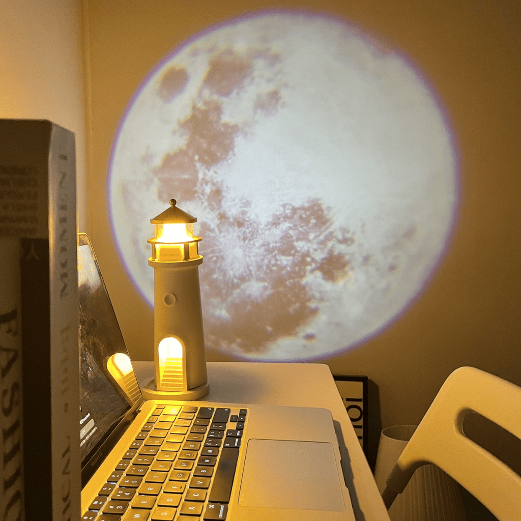 Moon Lamp Lighthouse Night Lights with Full Moon Projector Cordless with Rechargeable Charging