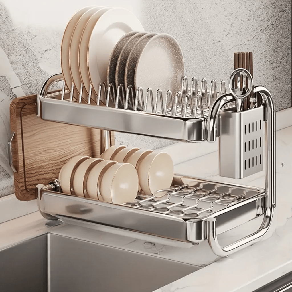 Multifunctional Stainless Steel Dish Rack with Cutlery and Cutting Board Holder(39cm)