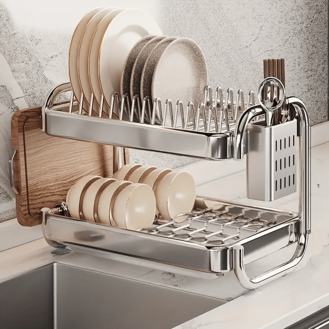 Multifunctional Stainless Steel Dish Rack with Cutlery and Cutting Board Holder(39cm)