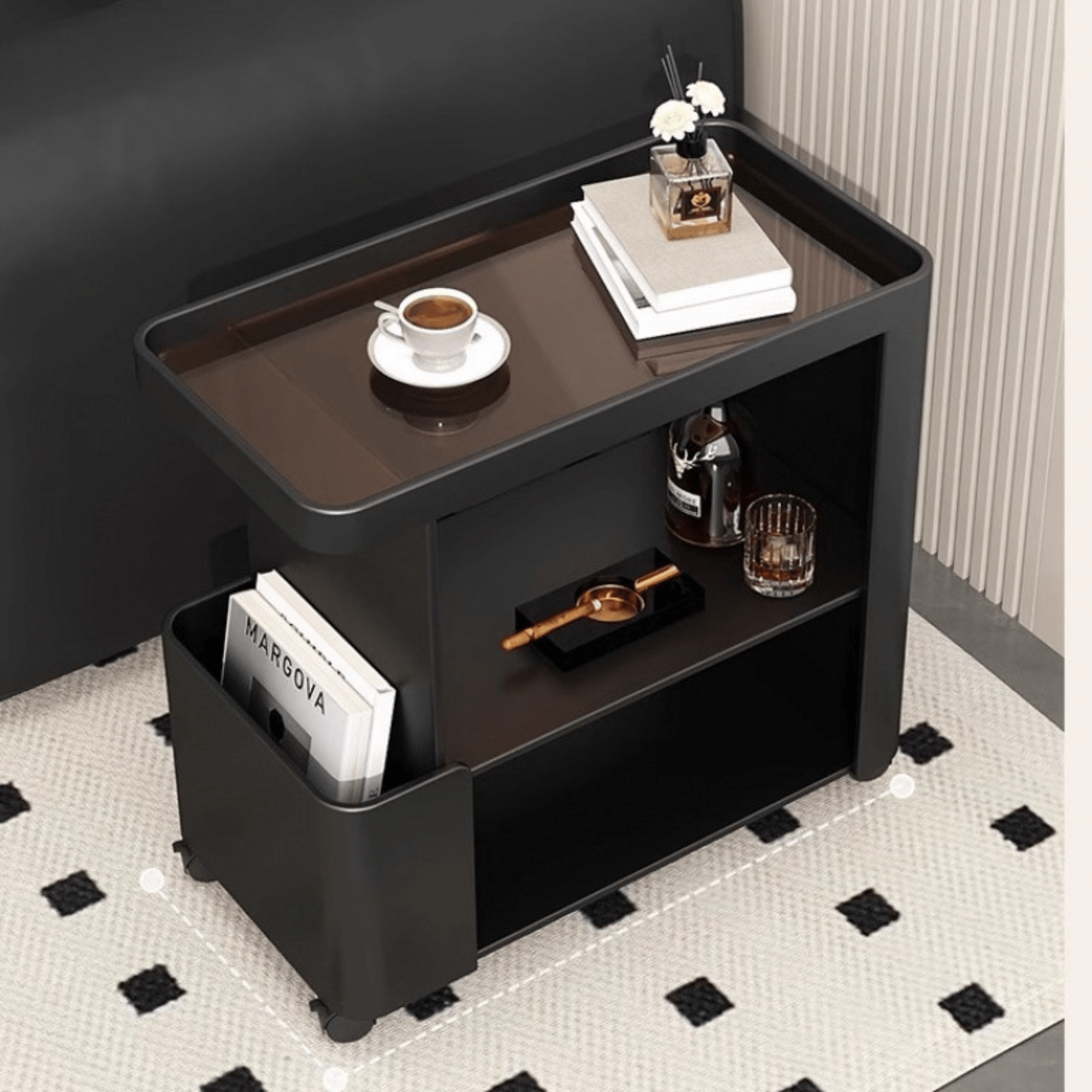 Multi-Functional 3-Tier Compact Bedside Table with Storage Shelves & Wheels