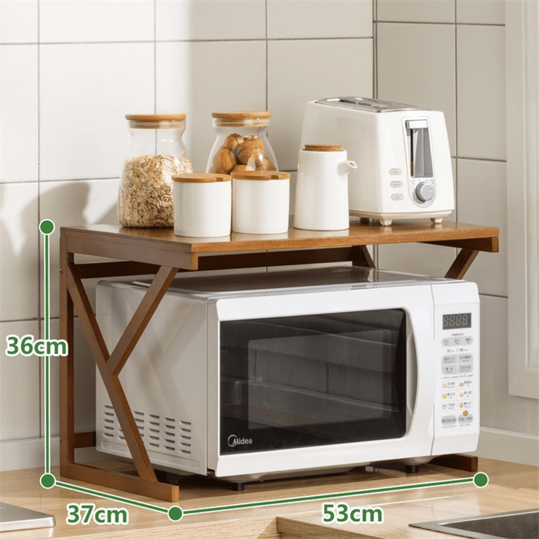 Multi-Tier Bamboo Microwave Oven Rack with Storage Hooks (53cm)