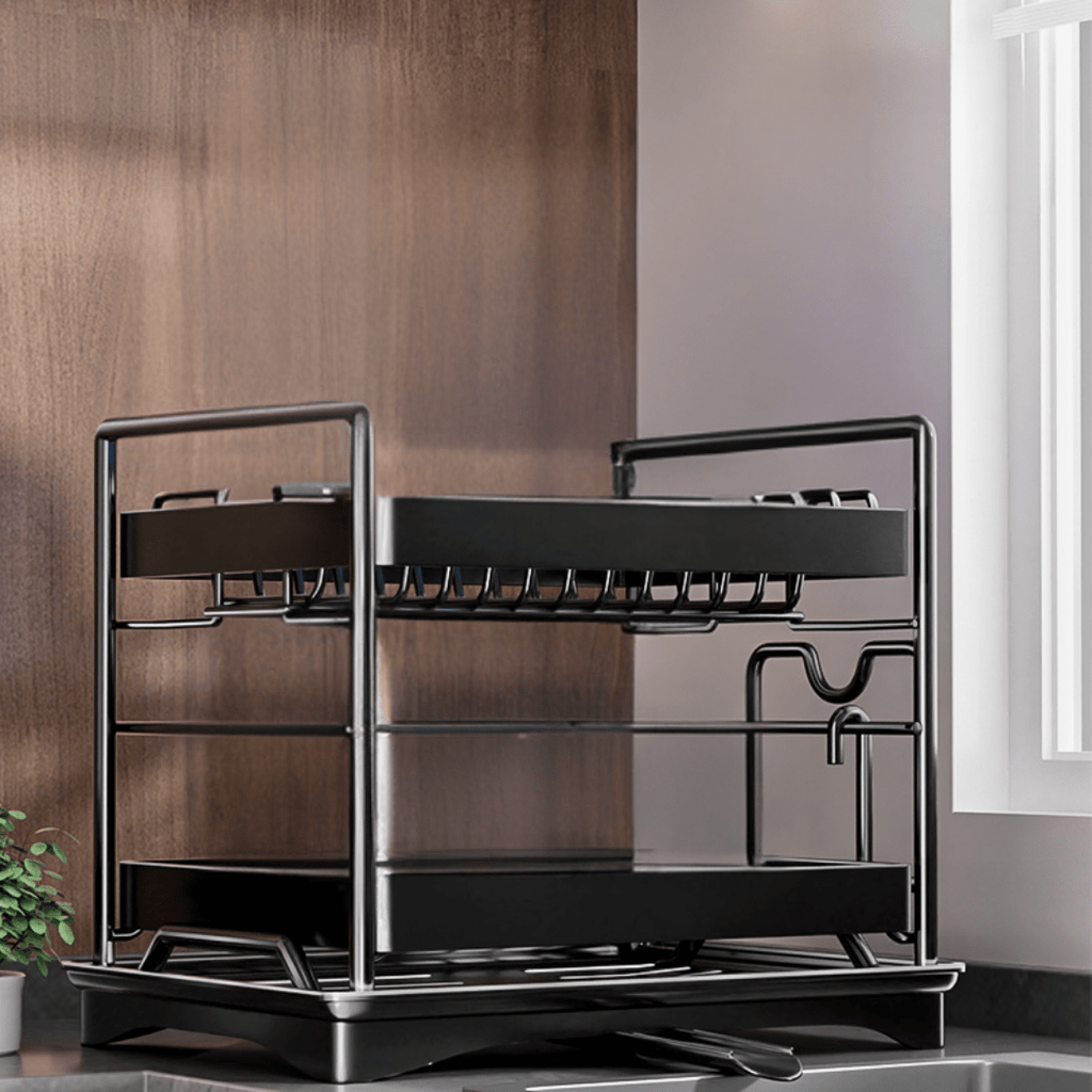 Multifunctional Carbon Steel Double Layer Dish Storage Rack with Cutlery Holder(40cm)