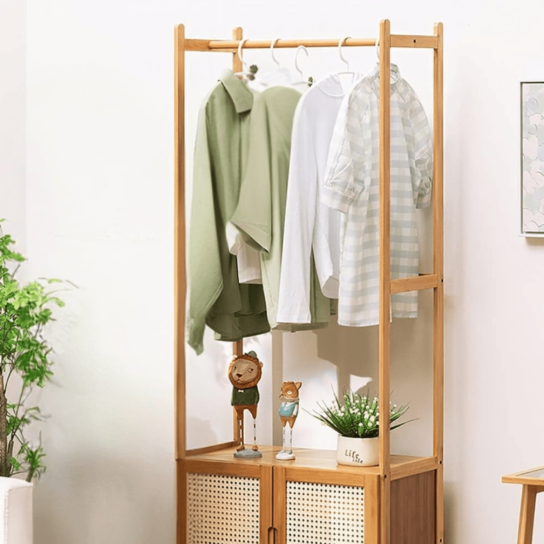 Multi-Purpose Bamboo Wood Clothing Rack Organizer with Shoe Rack (Brown-62cm)