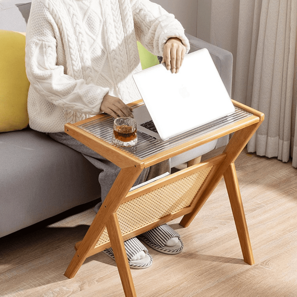 Modern Bamboo Side Table with Glass & Storage Shelf (55cm)