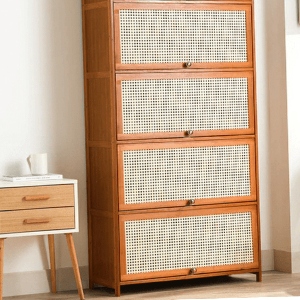 Multi-Tier Bamboo Wood Storage Shelf with Flip-Up Doors (Brown-80cm)