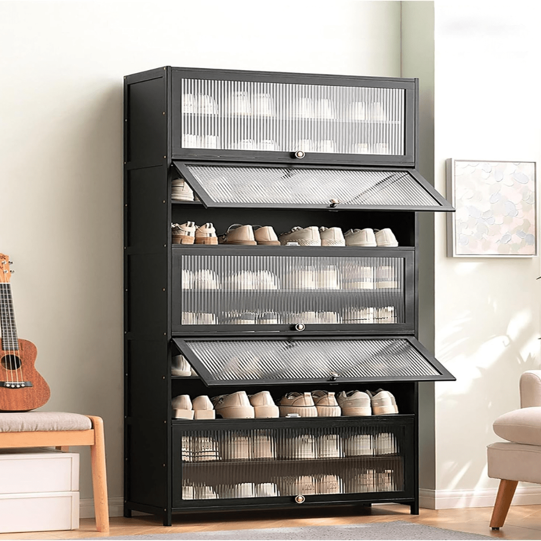 Multi-Tier Bamboo Shoe Rack with Transparent Flap Doors (Black-80cm)