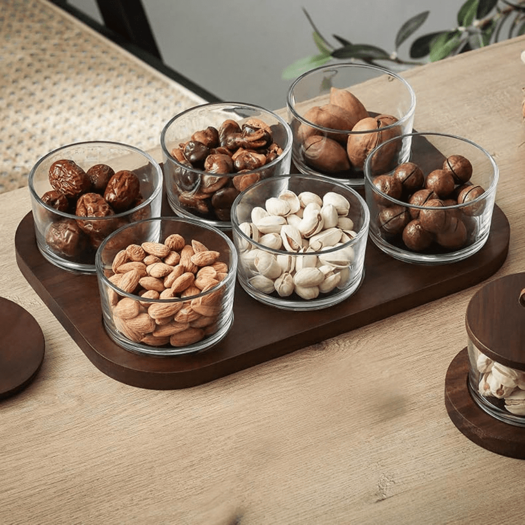 Minimalist Glass Snack Plate with Bamboo Lid (6-GRID)