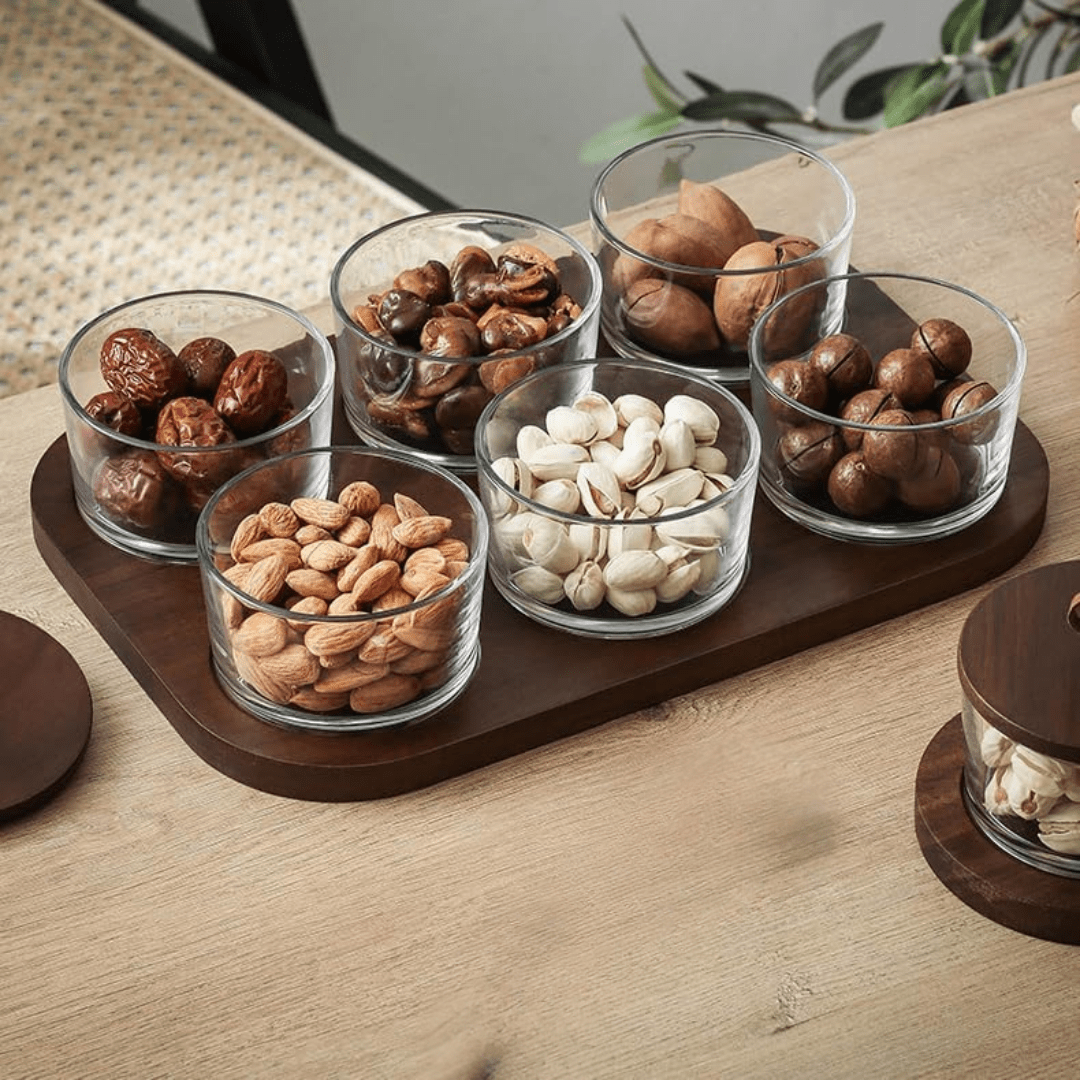 Minimalist Glass Snack Plate with Bamboo Lid (6-GRID)