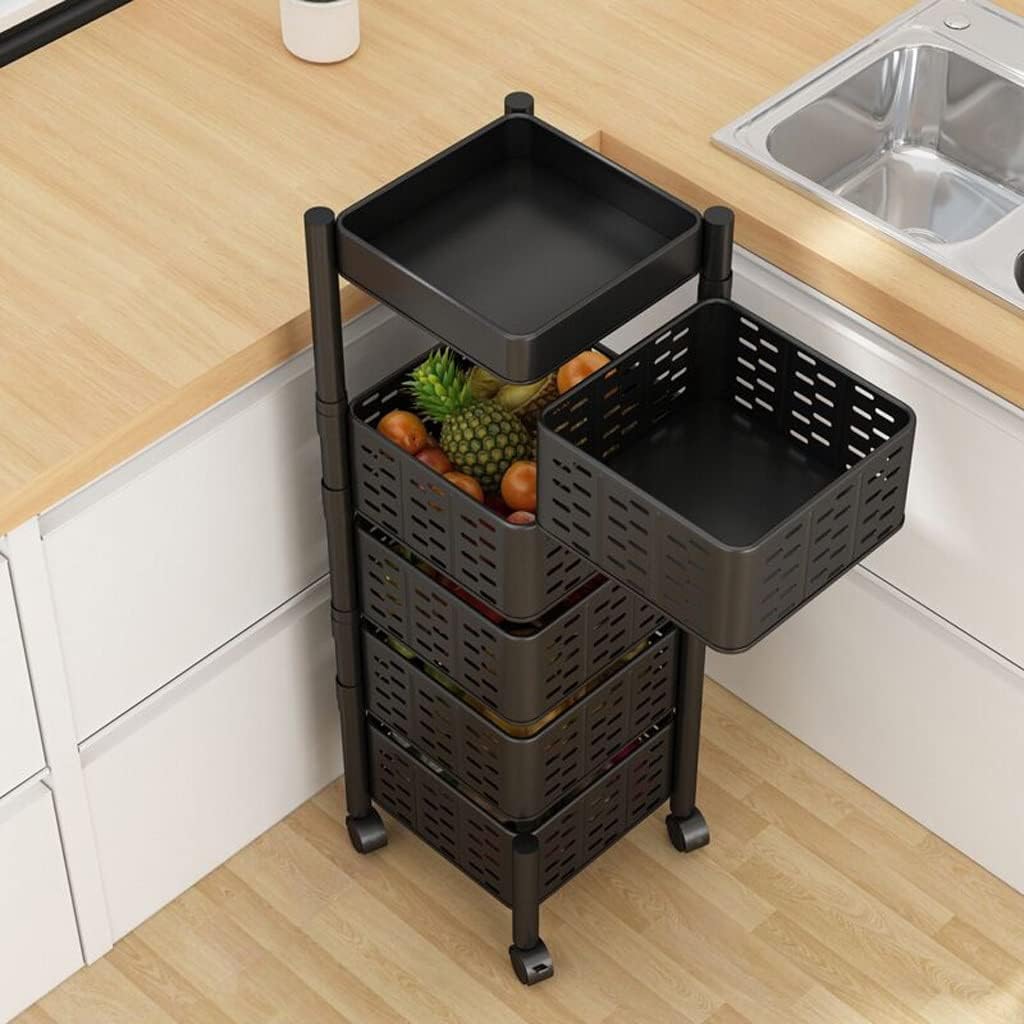 Multi-Layer Kitchen Shelf Rotating Basket Tower With Wheels