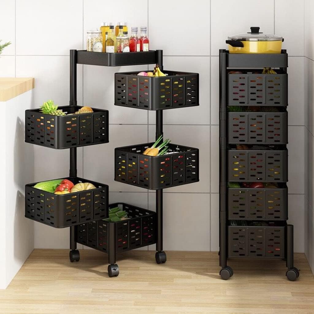 Multi-Layer Kitchen Shelf Rotating Basket Tower With Wheels