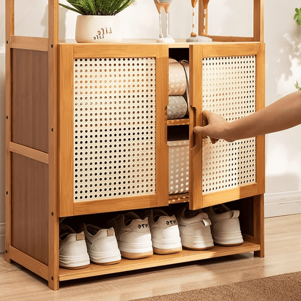 Multi-Purpose Bamboo Wood Clothing Rack Organizer with Shoe Rack (Brown-62cm)