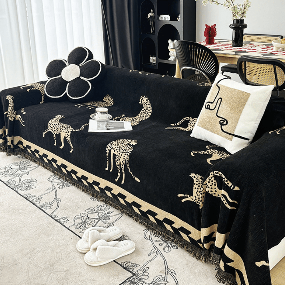 Leopard Print Black & Beige Elegance Chenille Sofa Cover