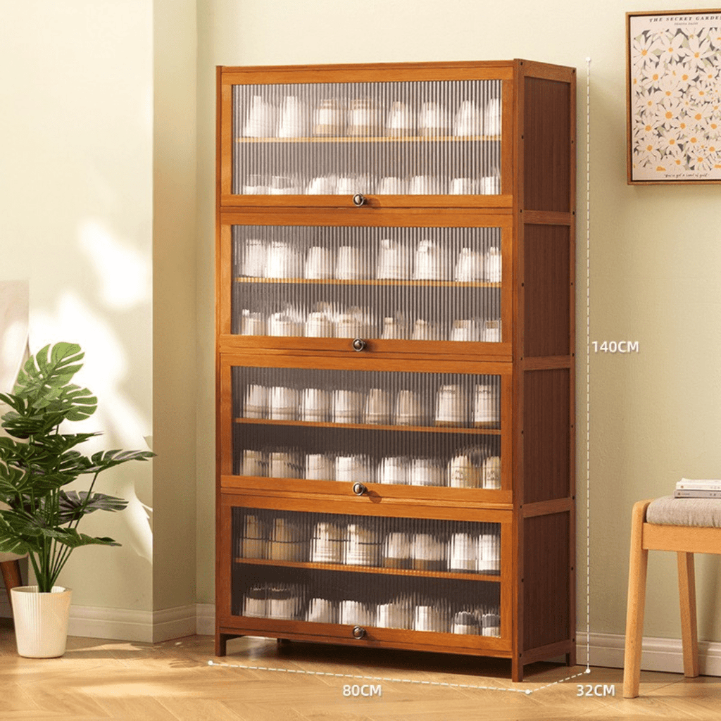 Multi-Tier Bamboo Shoe Rack with Transparent Flap Doors (Brown-80cm)