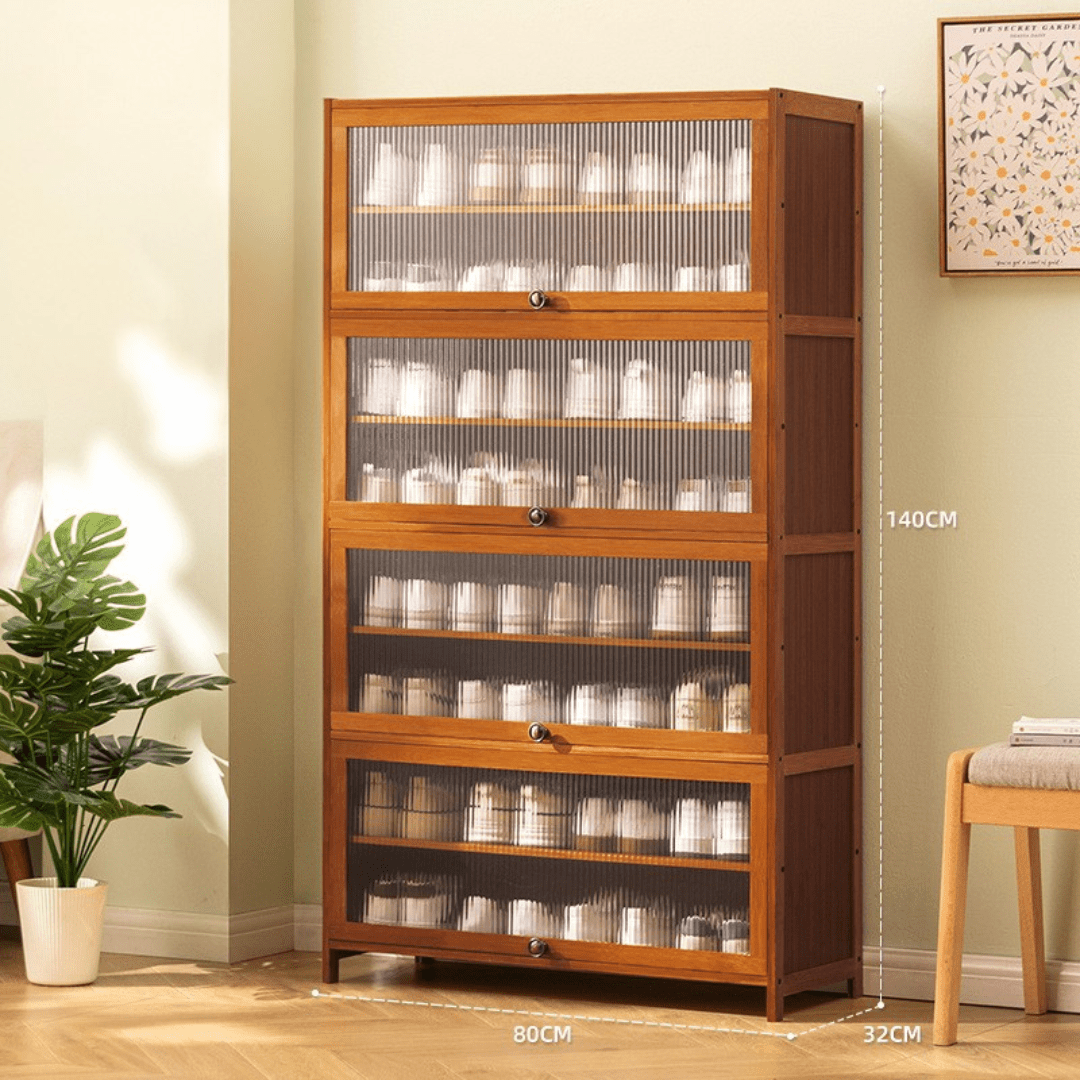 Multi-Tier Bamboo Shoe Rack with Transparent Flap Doors (Brown-80cm)