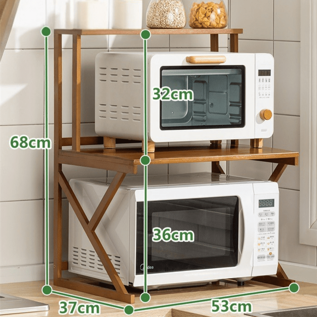 Multi-Tier Bamboo Microwave Oven Rack with Storage Hooks (53cm)