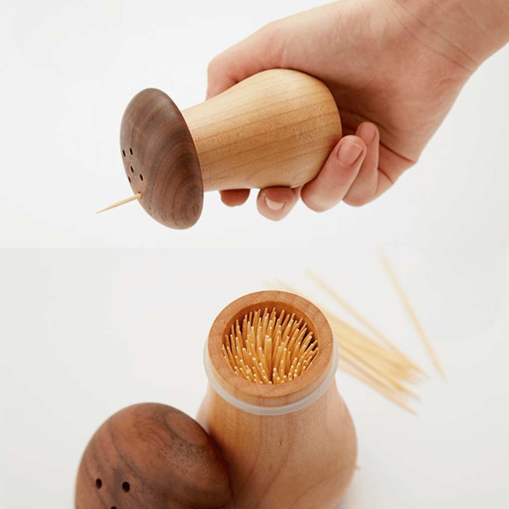 Natural Solid Wood Toothpick Case with Vintage Mushroom Top
