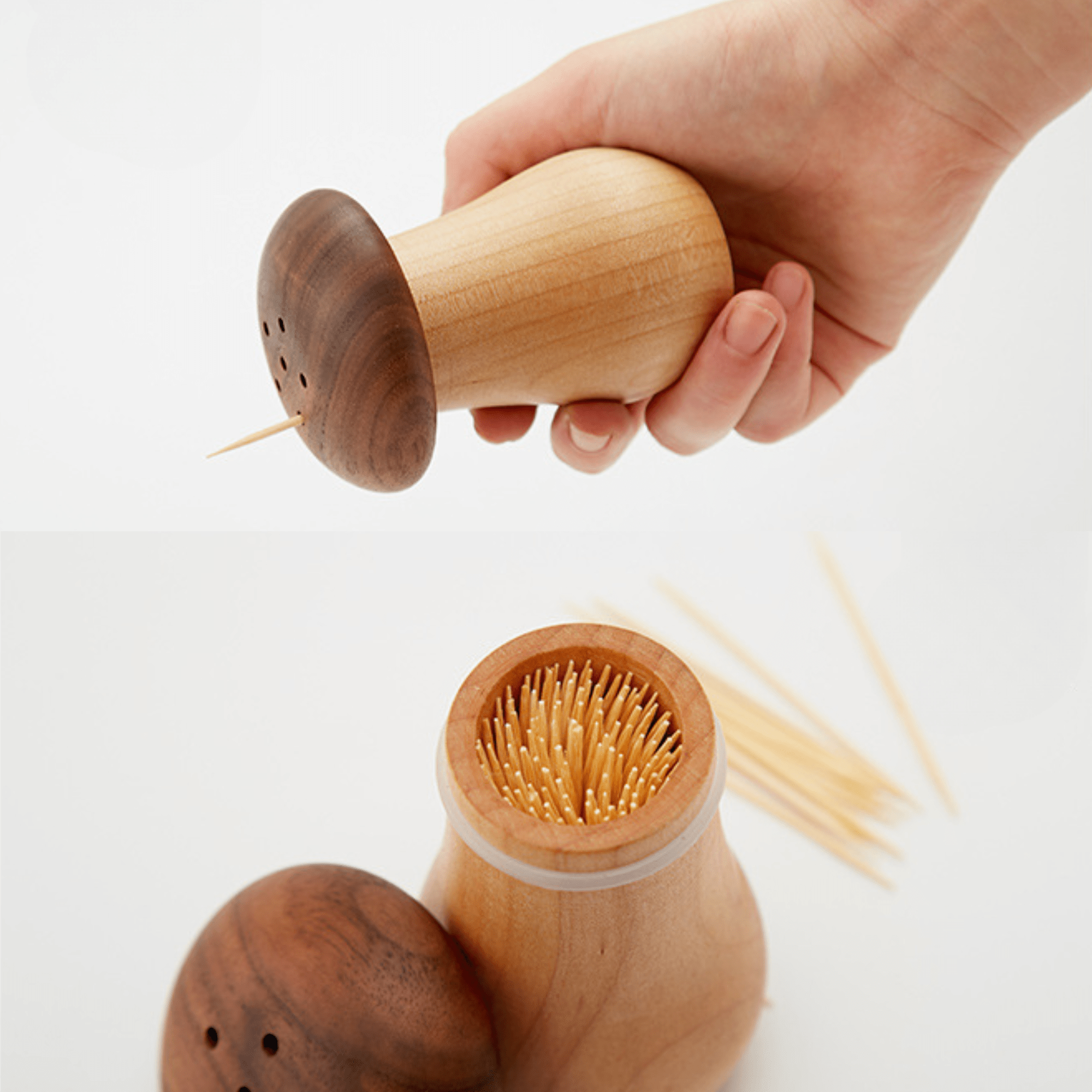 Natural Solid Wood Toothpick Case with Vintage Mushroom Top