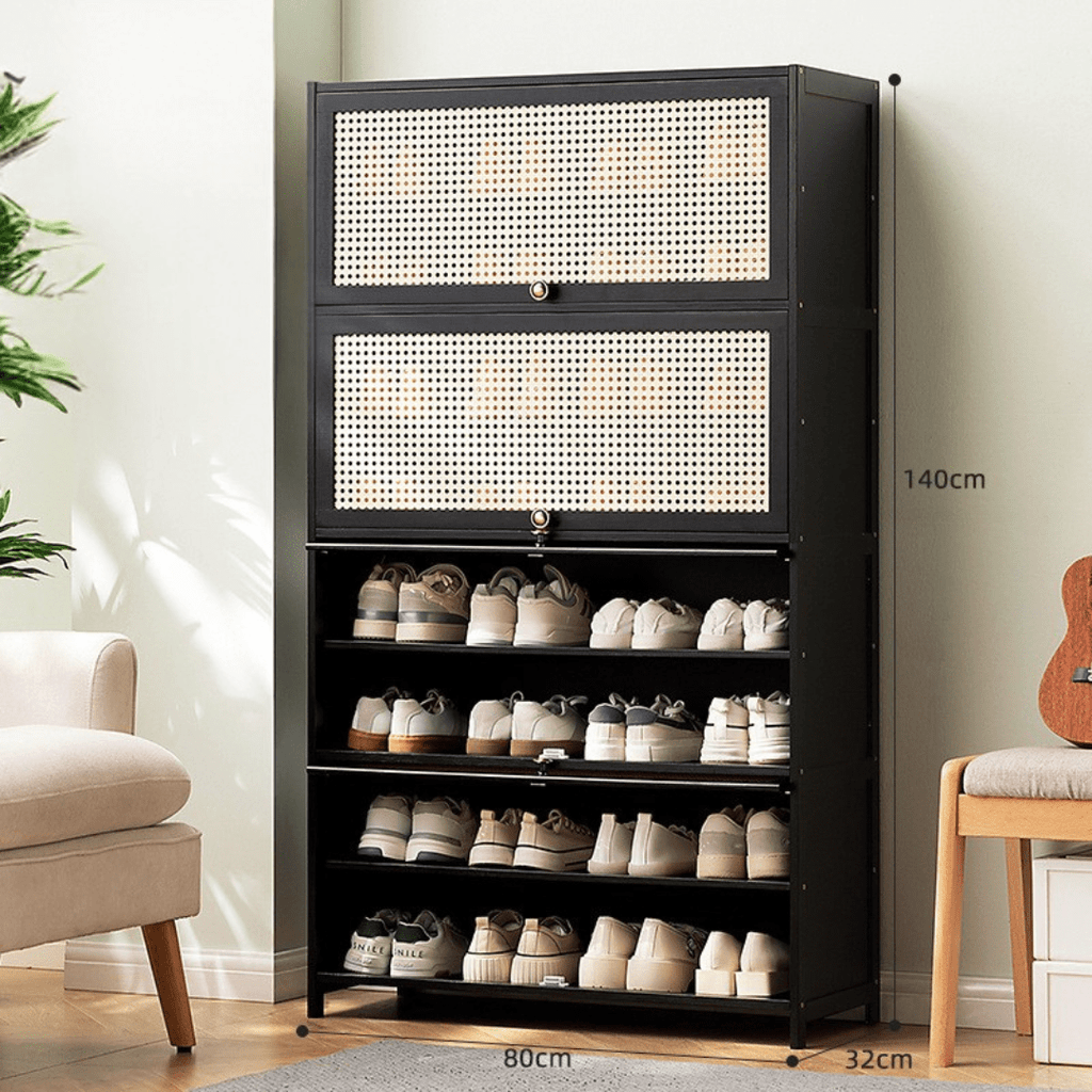 Multi-Tier Bamboo Wood Storage Shelf with Flip-Up Doors (Black-80cm)