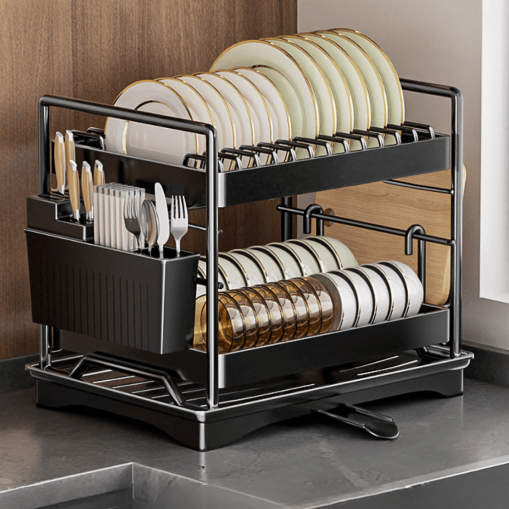 Multifunctional Carbon Steel Double Layer Dish Storage Rack with Cutlery Holder(40cm)