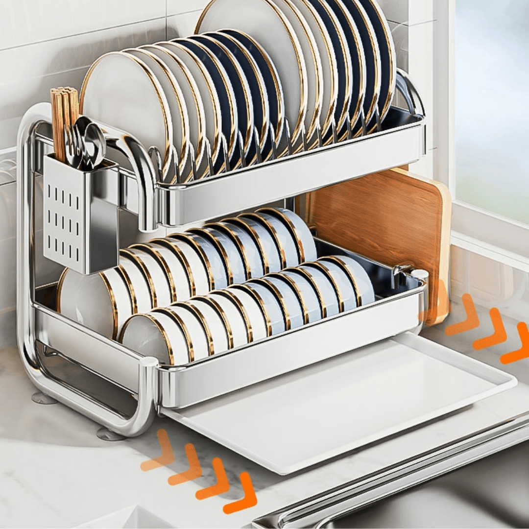 Multifunctional Stainless Steel Dish Rack with Cutlery and Cutting Board Holder(39cm)