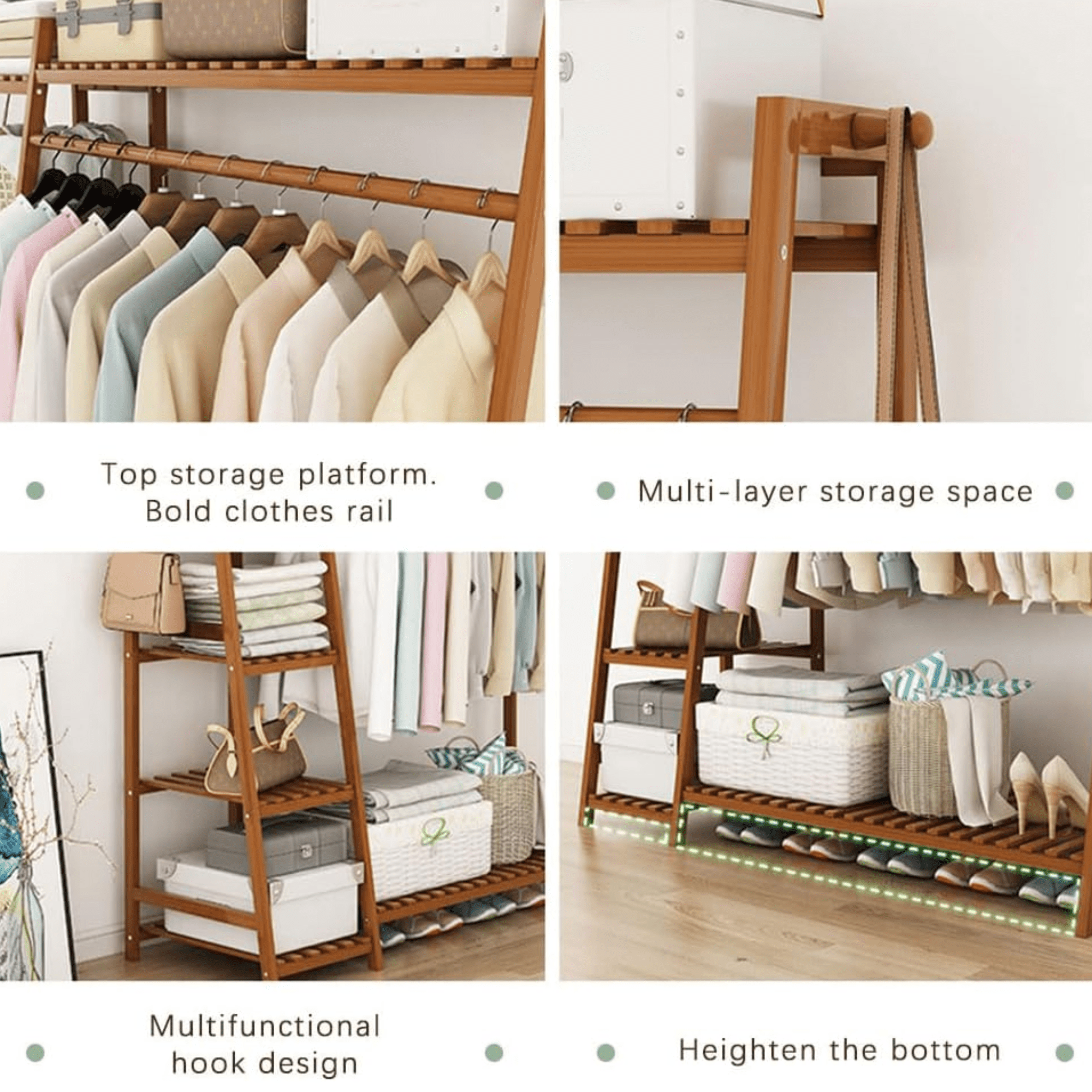 Multi-Functional Bamboo Clothing Rack with Shelves and Hanging Rod (110cm)