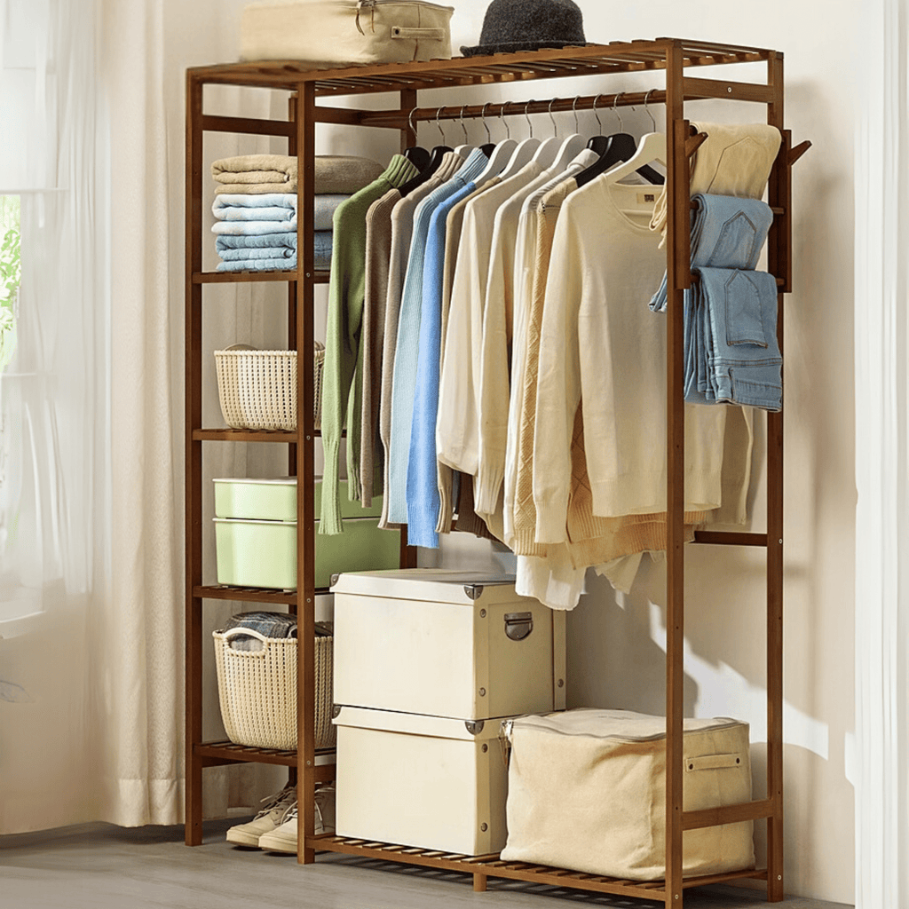 Multi-Functional Bamboo Clothes Rack with Hooks & Pants Storage (123cm)