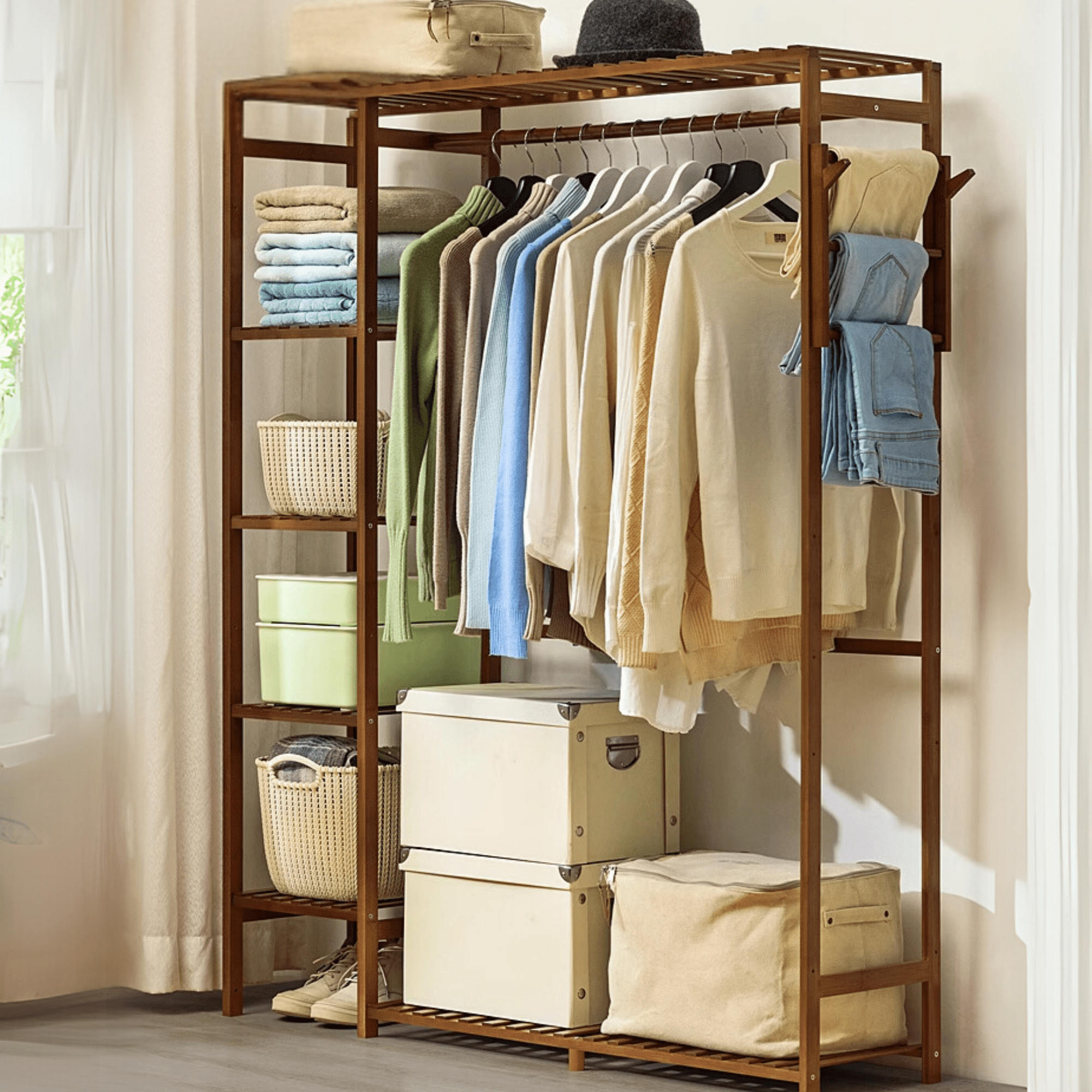 Multi-Functional Bamboo Clothes Rack with Hooks & Pants Storage (123cm)