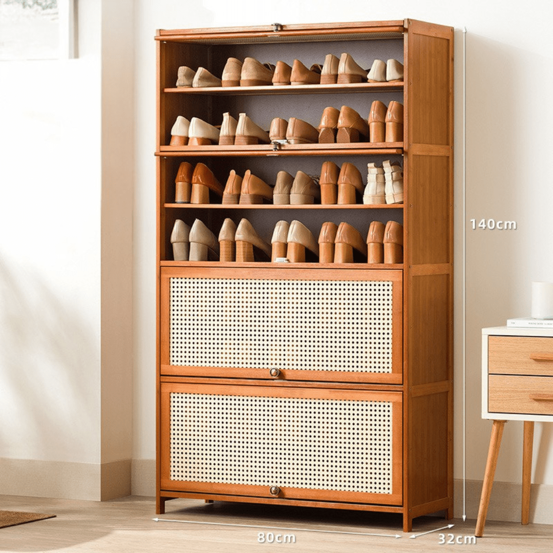 Multi-Tier Bamboo Wood Storage Shelf with Flip-Up Doors (80cm)