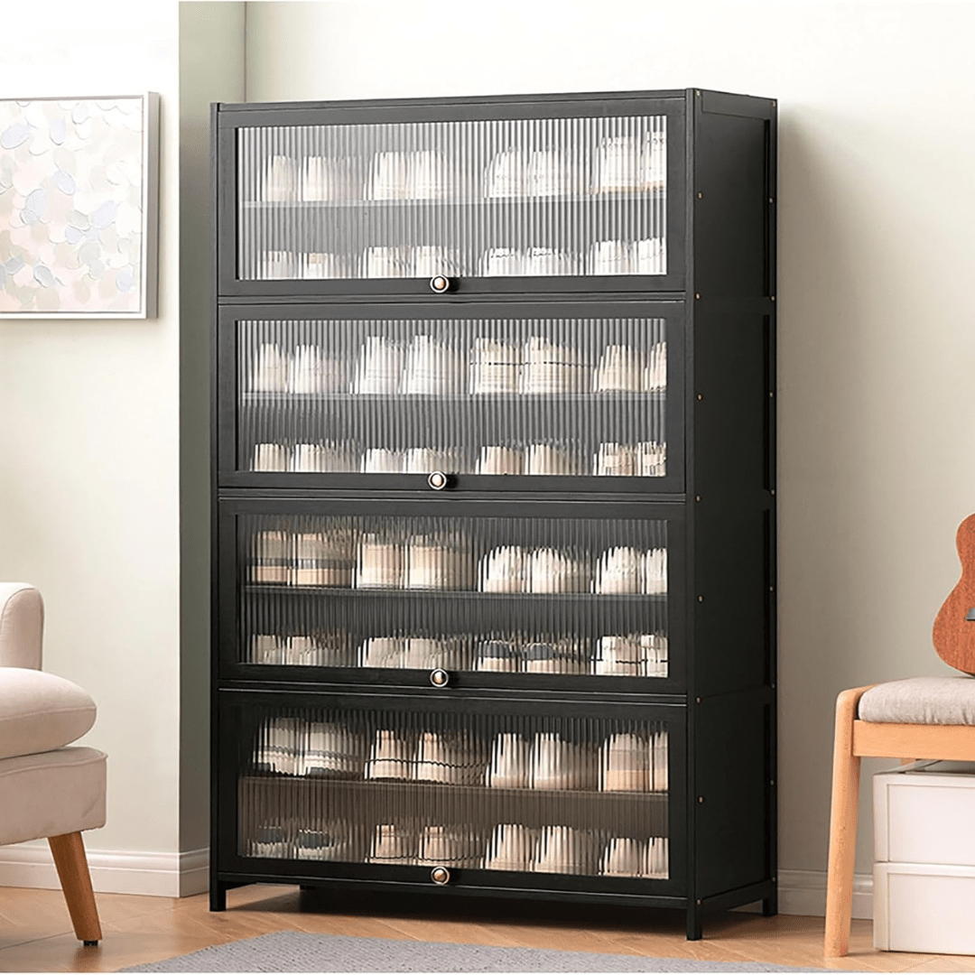 Multi-Tier Bamboo Shoe Rack with Transparent Flap Doors (Black-80cm)