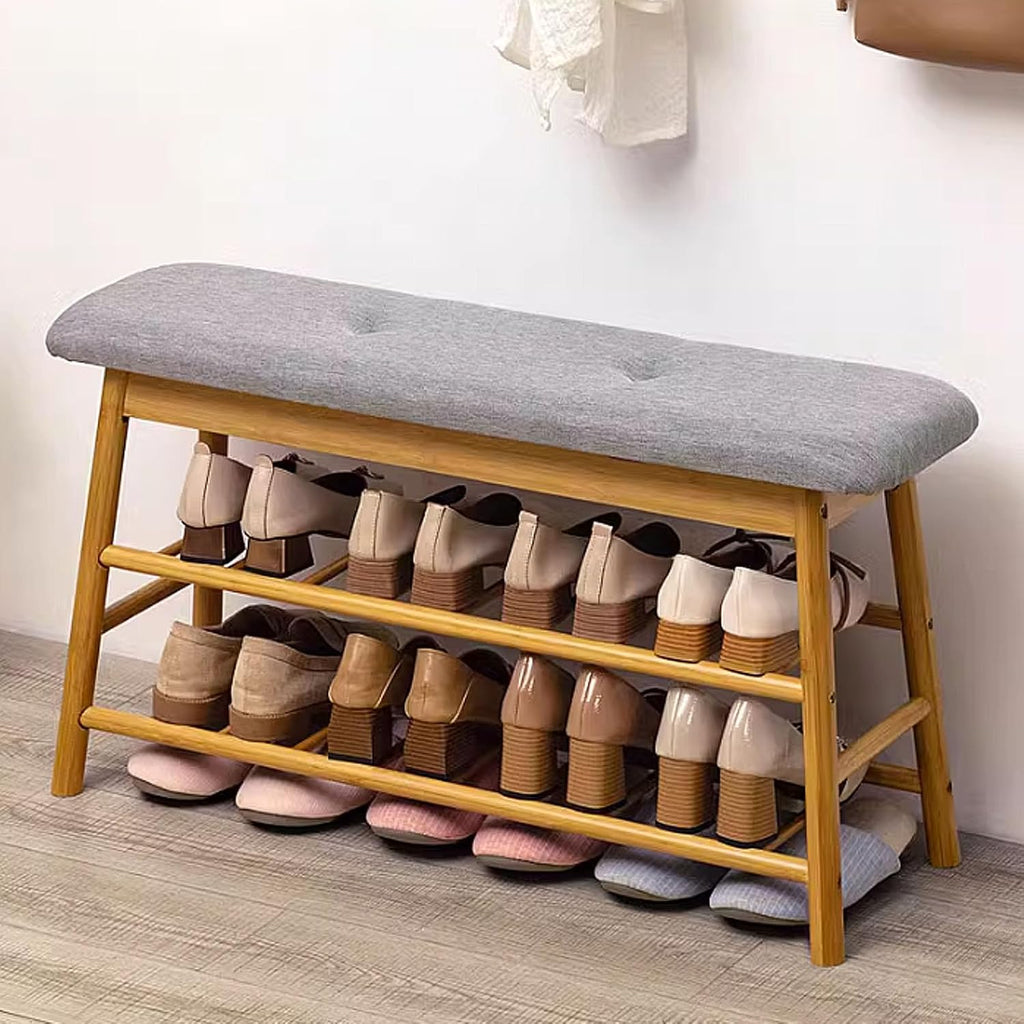 Multi-Tier Bamboo Shoe Storage Bench with Cushioned Seat (90cm)