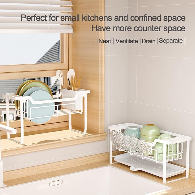 Stainless Steel 2-Tier Space-Saver Dish Rack with Drainboard (43cm)
